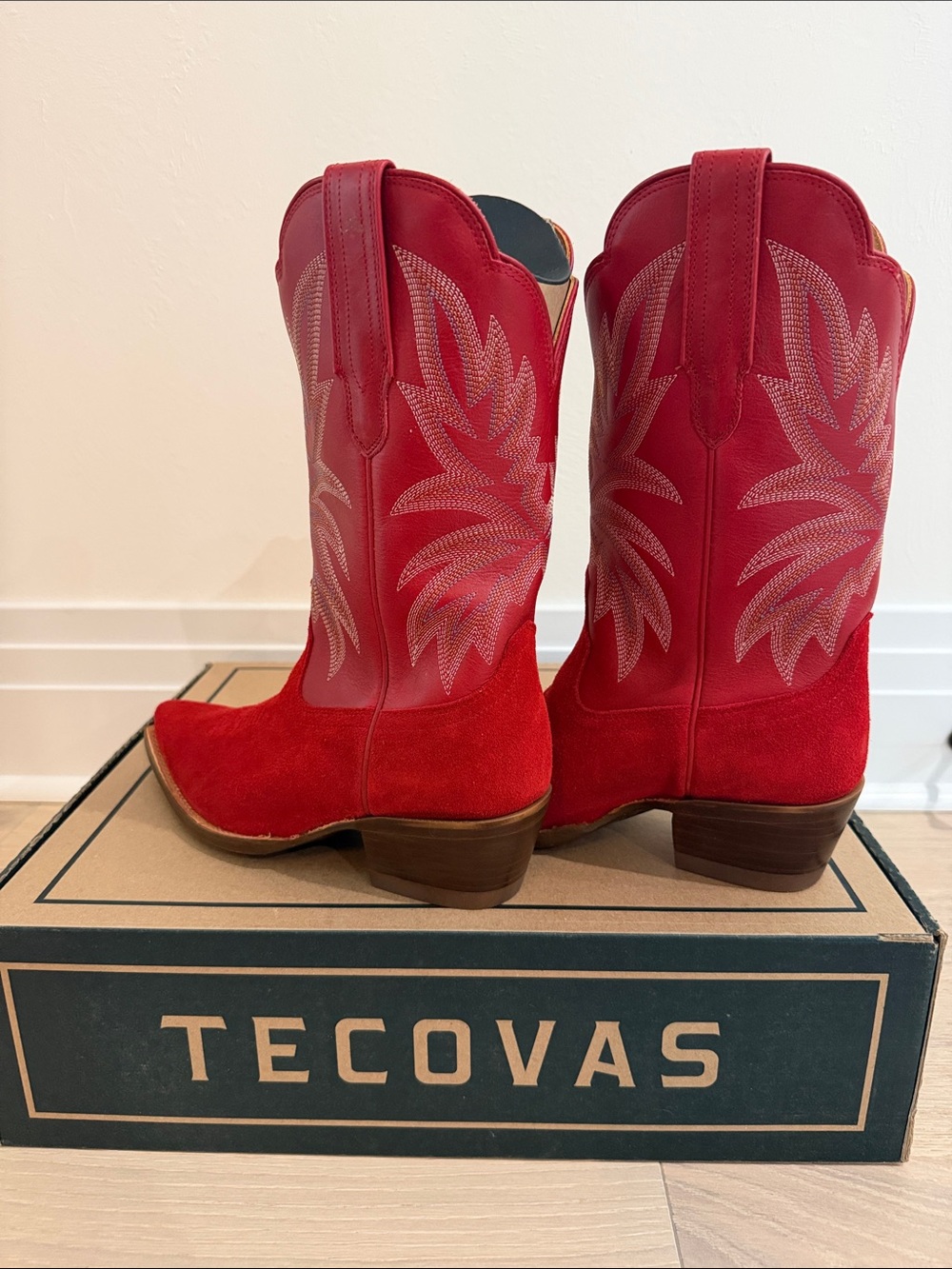 Tecovas Red Suede & Leather Western Heeled Boots